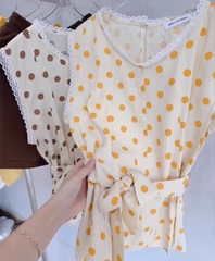 SET ÁO CHẤM BI PHỐI REN KÈM ĐAI THẮT ĐIỆU ĐÀ NỮ SẴN (SALE 139k)