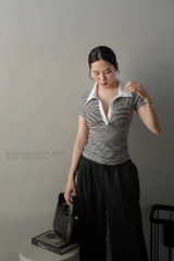 ÁO KẺ PHỐI CỔ TRẮNG CỘC TAY NỮ 2 MÀU