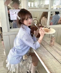 ÁO SƠ MI KẺ XANH THÊU LOGO NGỰA NỮ