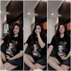 SET BỘ ÁO PHÔNG ĐEN CÔ GÁI KÈM QUẦN ĐÙI BÒ NỮ