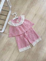 SET KẺ CARO HỒNG VIỀN BÈO BÉ GÁI (xả 39k)
