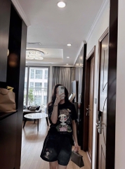 SET BỘ ÁO PHÔNG ĐEN CÔ GÁI KÈM QUẦN ĐÙI BÒ NỮ