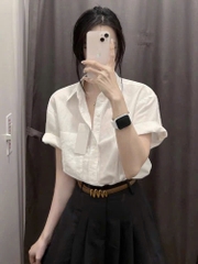 ÁO SƠ MI TRẮNG CỘC TAY TÚI TRƯỚC NỮ SẴN (XẢ 55k)