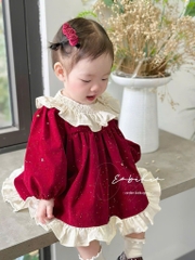 SET VÁY NHUNG NHŨ ĐỎ DÀI TAY 3 CHI TIẾT BÉ GÁI SẴN