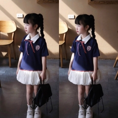 SET BỘ ÁO POLO XANH THAN CHÂN VÁY BỒNG BÉ GÁI