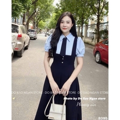 VÁY PHỐI CỔ VUÔNG XẾP LI TAY BỒNG MIXX CÚC CỎ 4 LÁ NỮ SẴN