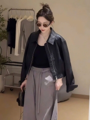 ÁO KHOÁC DA ĐEN CỔ BẺ NỮ