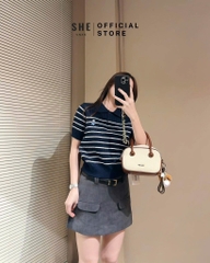 ÁO LEN KẺ THÊU GẤU CỘC TAY NỮ SẴN (SALE 95k)