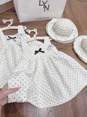 SET VÁY CHẤM BI TRẮNG KÈM MŨ BÉ GÁI SẴN