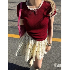 ÁO LEN NỮ PHỐI REN CỔ ĐÍNH NƠ SẴN(SALE 89k)