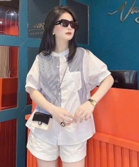 ÁO SƠ MI GU PHỐI KẺ CỔ TẦU CỘC TAY NỮ