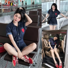 SET JEANS GIẤY JUM THÊU TIM TAY GẤU LV SẴN