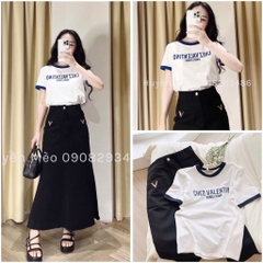 SET ÁO THUN TRẮNG VIỀN XANH NỮ