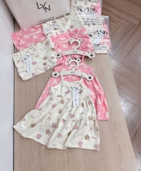 SET VÁY 2 DÂY VIỀN REN TONE BE HỒNG BÉ GÁI