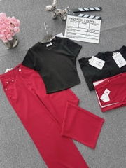SET QUẦN KAKI ĐỎ & ÁO DÍP CROPTOP NỮ SẴN (SALE 160k)