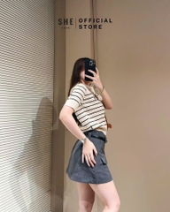 ÁO LEN KẺ THÊU GẤU CỘC TAY NỮ SẴN (SALE 95k)