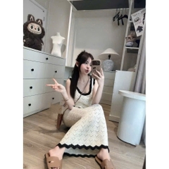 SET ÁO MIX CHÂN VÁY LEN MÀU KEM VIỀN ĐEN NỮ