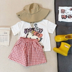 SET BỘ HELLO KITTY ZOZ WOW ÁO TRẮNG QUẦN SOOC CARO HỒNG BÉ GÁI SẴN