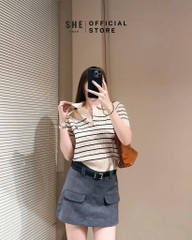 ÁO LEN KẺ THÊU GẤU CỘC TAY NỮ SẴN (SALE 95k)