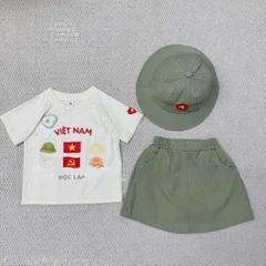 SET 3 MÓN ÁO VIỆT NAM ĐỘC LẬP KÈM MŨ XANH BÉ TRAI BÉ GÁI
