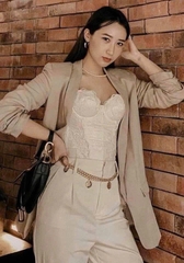 ÁO BLAZER LI-EN ÉP MÙNG PHỐI TAY KẺ 2 LỚP NỮ THU ĐÔNG SẴN