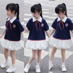 SET BỘ ÁO POLO XANH THAN CHÂN VÁY BỒNG BÉ GÁI