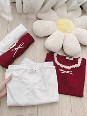 ÁO NỮ LEN LẠNH PHỐI REN BÈO ĐÍNH NƠ(xả 39k)