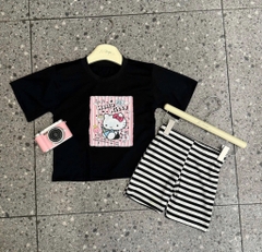 SET BỘ COTTON HELLO KITTY ĐEN MIX QUẦN LEGGING KẺ CHO BÉ GÁI