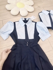 VÁY PHỐI CỔ VUÔNG XẾP LI TAY BỒNG MIXX CÚC CỎ 4 LÁ NỮ SẴN