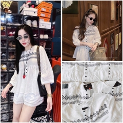 SET IN HOẠ TIẾT MIX QUẦN PHỐI REN GẤU NỮ