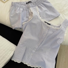 BỘ NGỦ SÁT NÁCH TONE KẺ XANH NỮ SẴN (XẢ 79k)