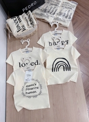SET 4 ÁO PHÔNG CỘC TAY LOVED HAPPY MÀU BE BÉ TRAI BÉ GÁI SẴN (SALE 89k )