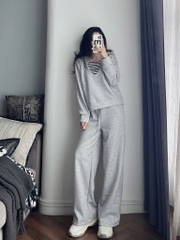 SET BỘ XÁM ÁO HOODY CỔ PHỐI KẺ NỮ THU ĐÔNG SẴN