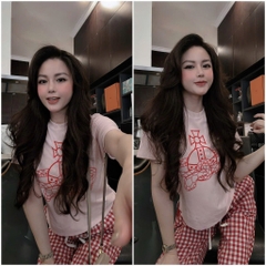 BỘ ÁO HỒNG MIX QUẦN KẺ CARO NỮ
