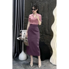 SET CHÂN VÁY LI EO MIXX ÁO DÍP CỔ V NỮ