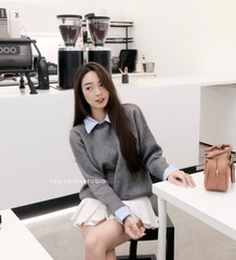 ÁO LEN XÁM PHỐI CỔ SƠ MI NỮ THU ĐÔNG