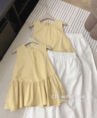 SÉT THÔ COTTON VÀNG DỊU MIX QUẦN GẤU REN NỮ SẴN ( SALE 115K )