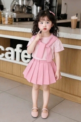 SET ÁO VÁY HỒNG THẮT KHĂN BÉ GÁI