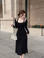 VÁY LEN MIDI CỔ VUÔNG ĐAN(xả 128k)