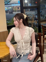 SET ÁO BÈO CỔ V REN KÈM QUẦN ỐNG SUÔNG SỌC NỮ