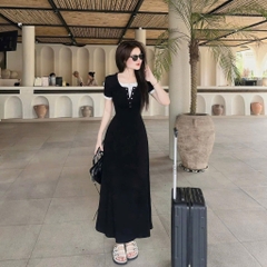 VÁY DÍP CỔ TRÒN PHỐI CÚC DÁNG DÀI NỮ SẴN( XẢ 99k