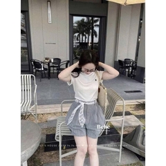 QUẦN ĐÙI XANH KẺ SỌC PHỐI REN NƠ 2 MÀU NỮ SẴN