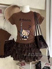SET ÁO PHÔNG NÂU HELLO KITTY KÈM CHÂN VÁY NGẮN TẦNG NỮ