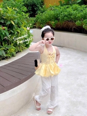SET ÁO BÍ MIX QUẦN THÊU BOI KÈM DÂY BUỘC TÓC BÉ GÁI SẴN