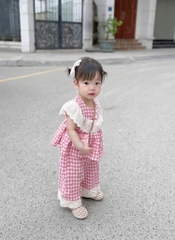 SET KẺ CARO HỒNG VIỀN BÈO BÉ GÁI (xả 39k)