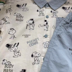BỘ ĐŨI SƠ MI IN TRÀN CHÓ SNOOPY PHỐI QUẦN XANH BIỂN BÉ TRAI