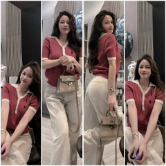 ÁO LEN ĐỎ VIỀN BE NỮ THÊU NGỰA NỮ THU ĐÔNG SẴN