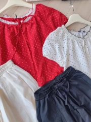 SET QUẦN BÈO GẤU MIX ÁO CHẤM BI PHỐI TƠ CÚC BỌC NỮ