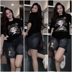 SET BỘ ÁO PHÔNG ĐEN CÔ GÁI KÈM QUẦN ĐÙI BÒ NỮ