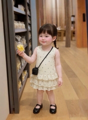 VÁY BÈO 3 TẦNG COTTON XANH RÊU VÀ CHẤM BI BÉ GÁI